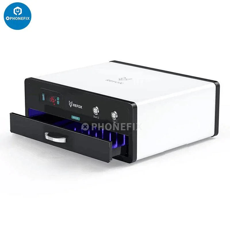 PhoneFix Refox RM26 UV curing lamp box for screen refurbishing and quick-drying OCA glue, with 110V US plug.