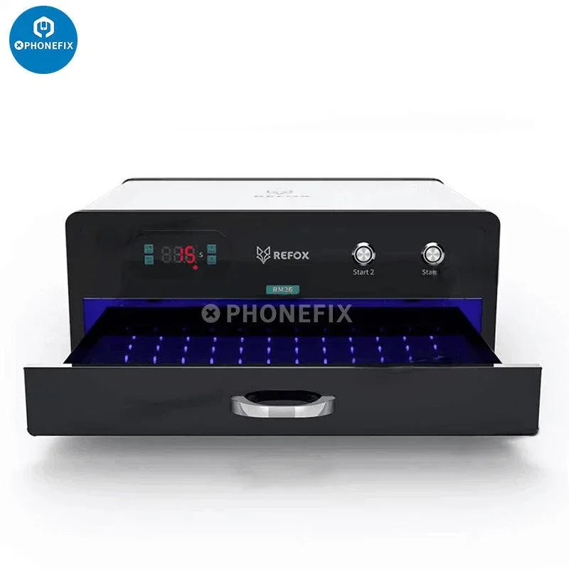 PhoneFix Refox RM26 UV curing lamp box for screen refurbishing, quick-drying OCA glue tool, with US plug for phone repair.