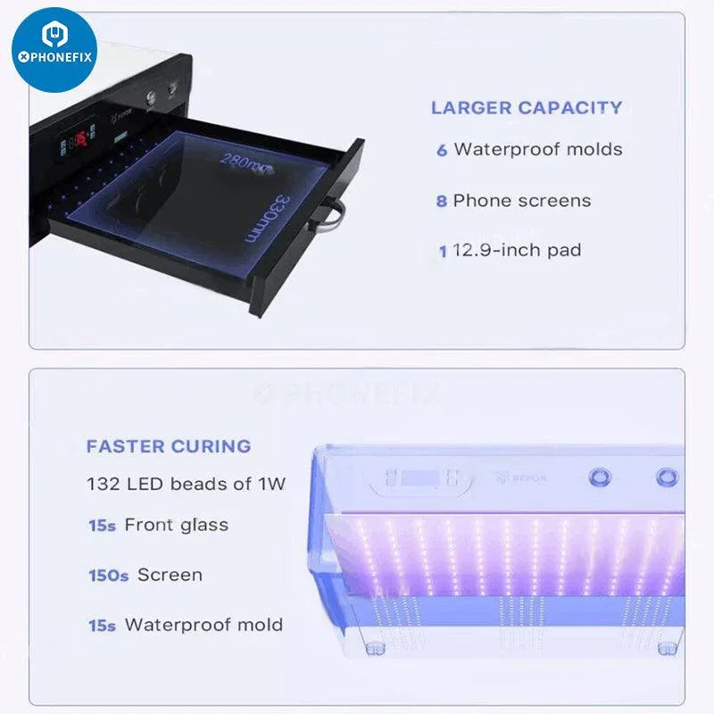PhoneFix Refox RM26 UV curing lamp box for screen refurbishing, quick-drying OCA glue tool with US plug, model RM22 or RM26.