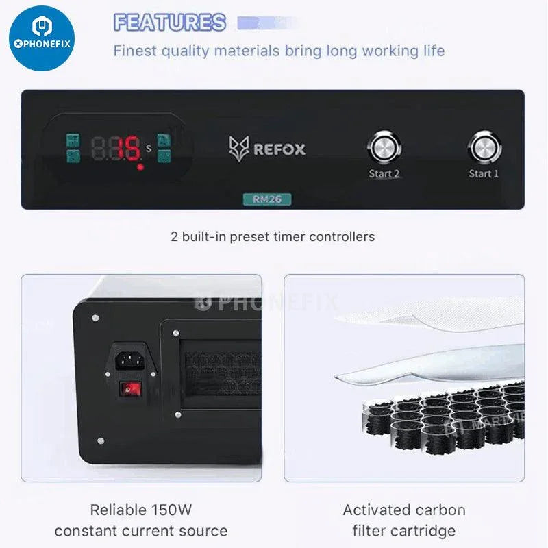 PhoneFix Refox RM26 RM22 UV curing lamp box for screen refurbishing with quick-drying OCA glue and repair tools.