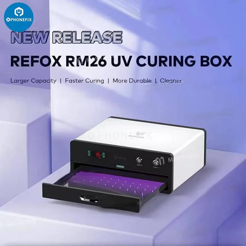PhoneFix Refox RM26 RM22 UV curing lamp box for screen refurbishing, OCA glue quick drying tool with 110V US plug in use.