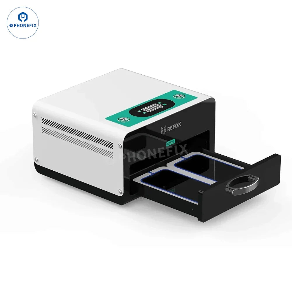 PhoneFix Refox RM26 RM22 UV curing lamp box for screen refurbishing and quick-drying OCA glue, with 110V US plug.