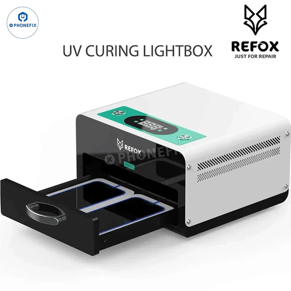 PhoneFix Refox RM26 RM22 UV curing lamp box for screen refurbishing, quick-drying OCA glue tool with US plug.
