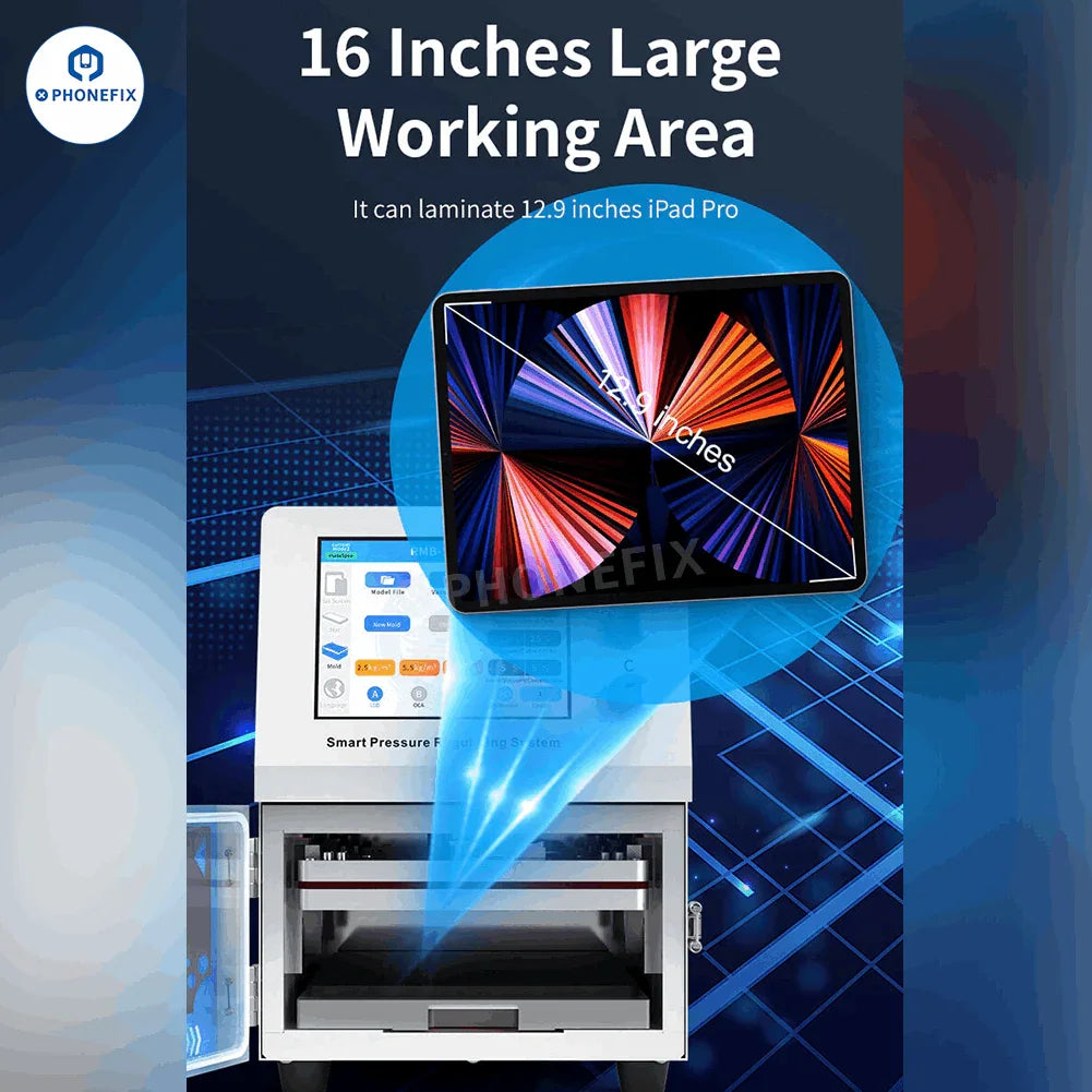 PhoneFix RMB-5MAX Plus 16-inch screen laminator and bubble remover for edge screen refurbishing, with control panel and heating elements.