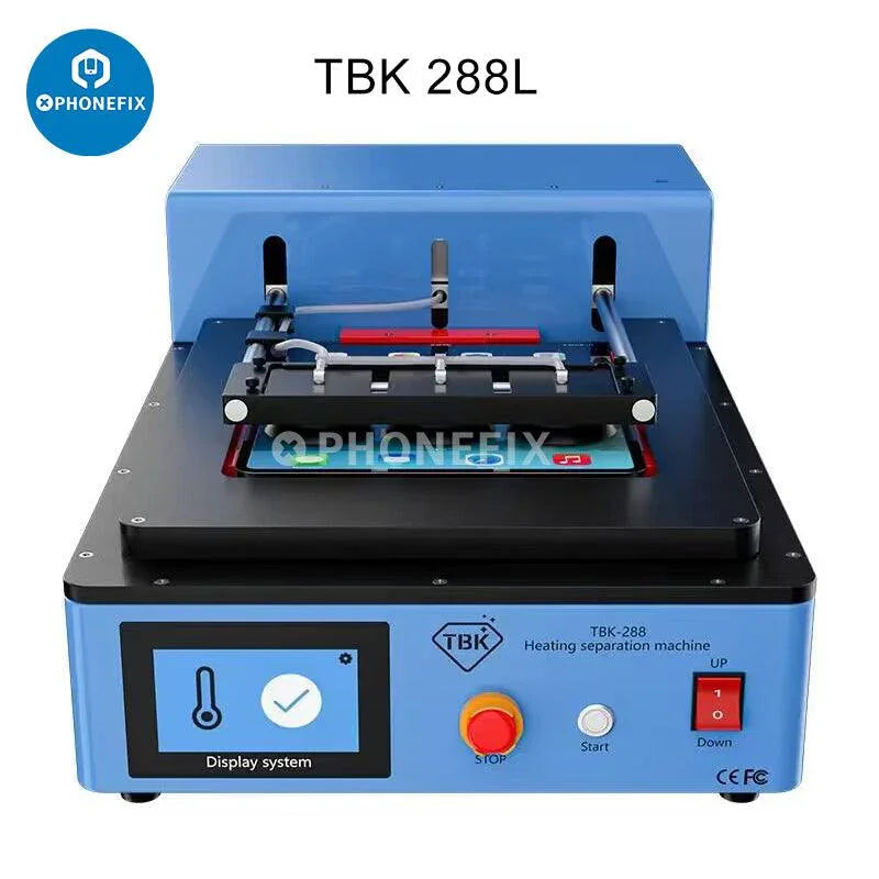 PhoneFix TBK 288 screen heating separator for iPhone teardown and screen refurbishing, shown in use.