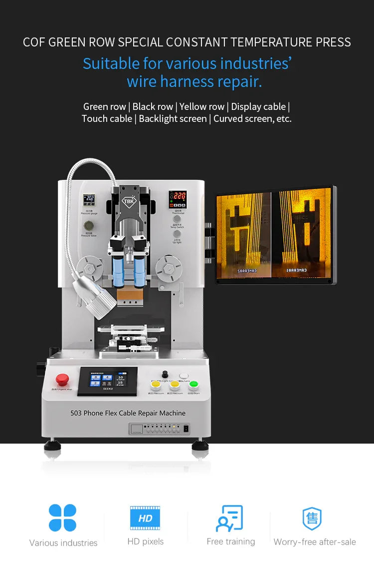 Phonefix TBK COF COP screen flex cable press and bonding machine used for repairing and refurbishing smartphone screens.