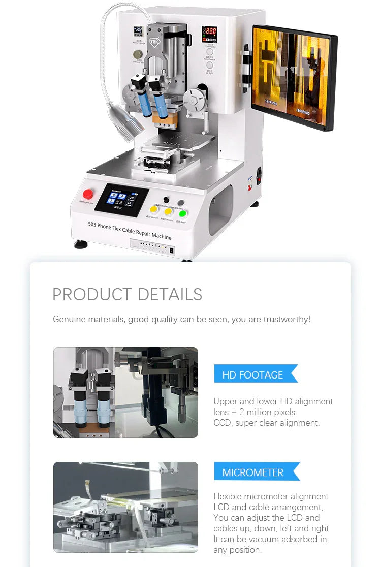 PhoneFix TBK COF COP screen flex cable repair bonding machine used for refurbishing screens, with detailed control panel and cable attachment.