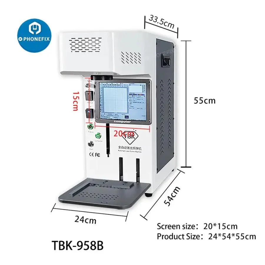Mini TBK-958B laser engraving machine by PHONEFIX used for glass removal and logo marking on screens.