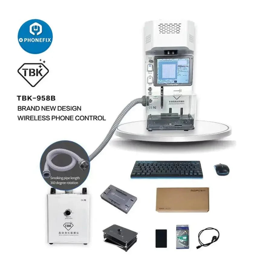 Mini TBK-958B Laser Engraving Machine by PHONEFIX for glass removal and logo marking in screen refurbishing applications.
