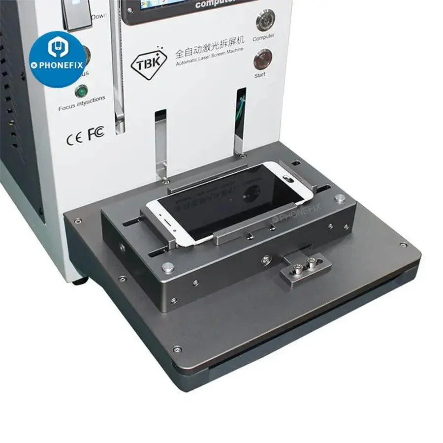 Mini TBK-958B Laser Engraving Machine by PHONEFIX used for glass removal and logo marking in screen refurbishing processes.