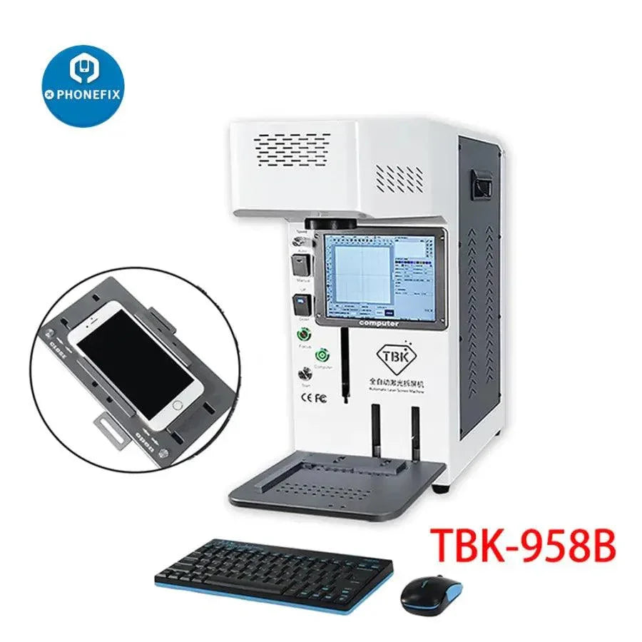 Mini TBK-958B Laser Engraving Machine by PHONEFIX for glass removal and logo marking on screens, compact screen refurbishing tool