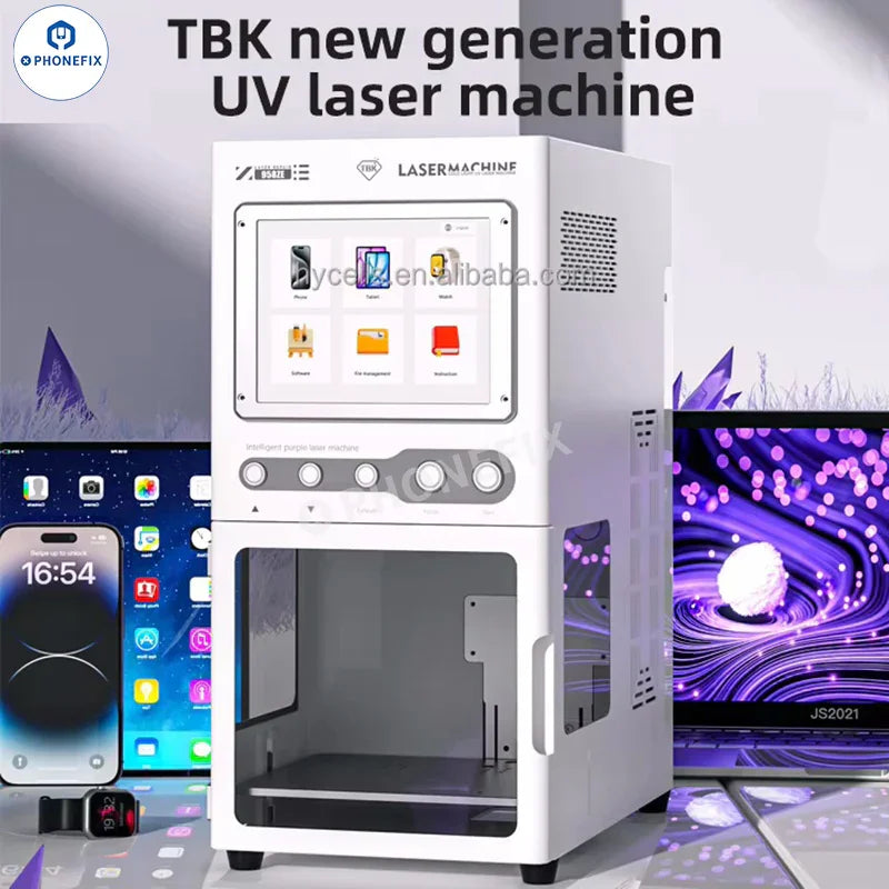 PhoneFix TBK 958ZP UV laser screen and back glass remover machine for phone refurbishing, with control panel and laser components.