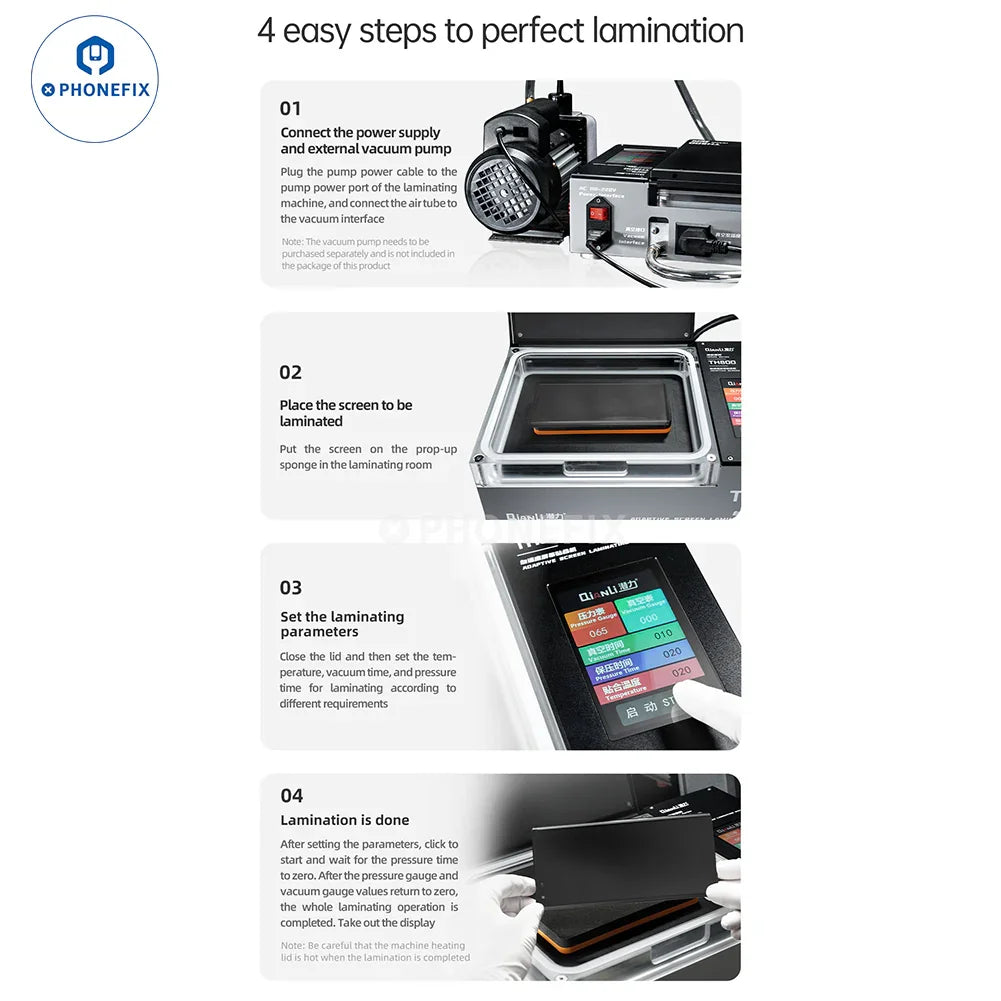 QianLi TH800 adaptive laminating machine for curved and flat screens, used for screen refurbishing by PHONEFIX.