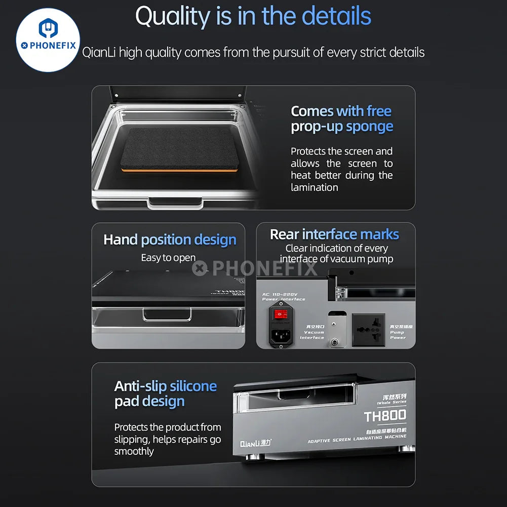 QianLi TH800 adaptive laminating machine for curved and flat screens, used for screen refurbishing, branded by PHONEFIX.
