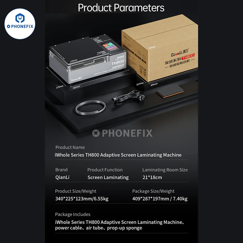 QianLi TH800 screen refurbishing machine for curved and flat screens, used for adaptive laminating in phone repair.