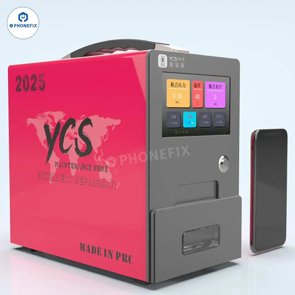 YCS Laminating Bubble Removal Phone Screen Refurbishment Machine in use on a smartphone screen with the PHONEFIX brand logo visible.