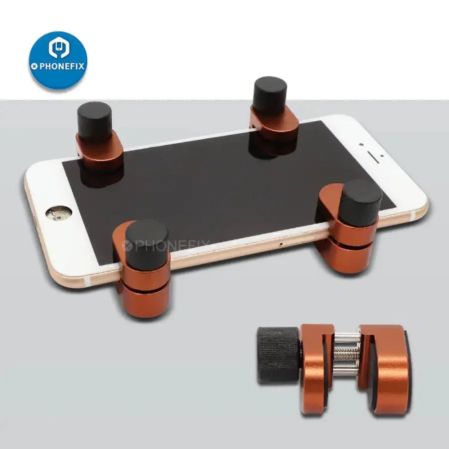 Pince de fixation métallique pour écran LCD de téléphone, utilisée comme outil de réparation d'écrans de téléphone.
