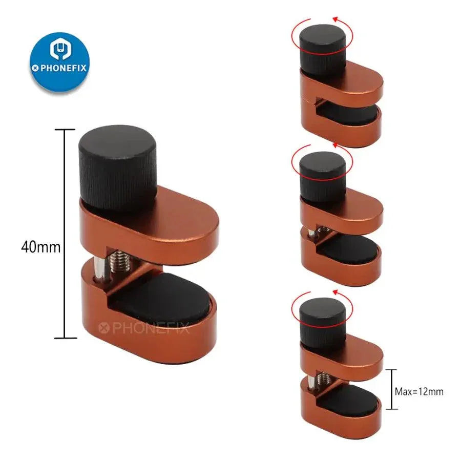 Metal fixture screen fastening clip clamp for phone repair, used for LCD screen fixing with PhoneFix repair tools.