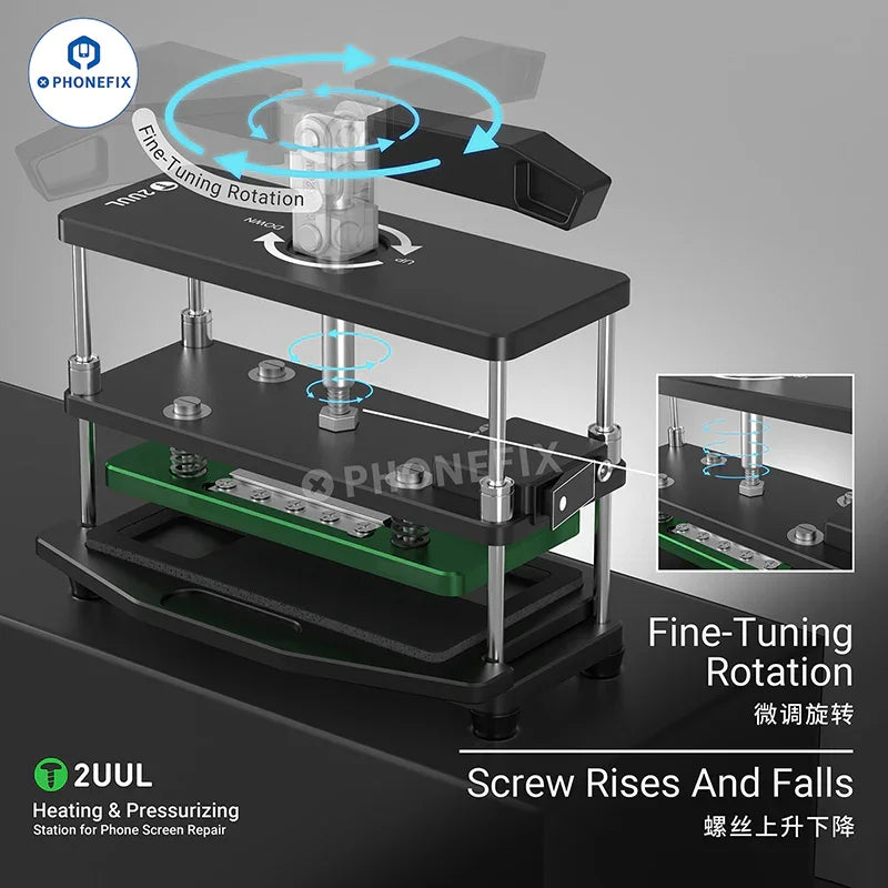 PHONEFIX 2UUL Heating Pressurizing Station for phone screen repair, with control panel and adjustable pressure components.