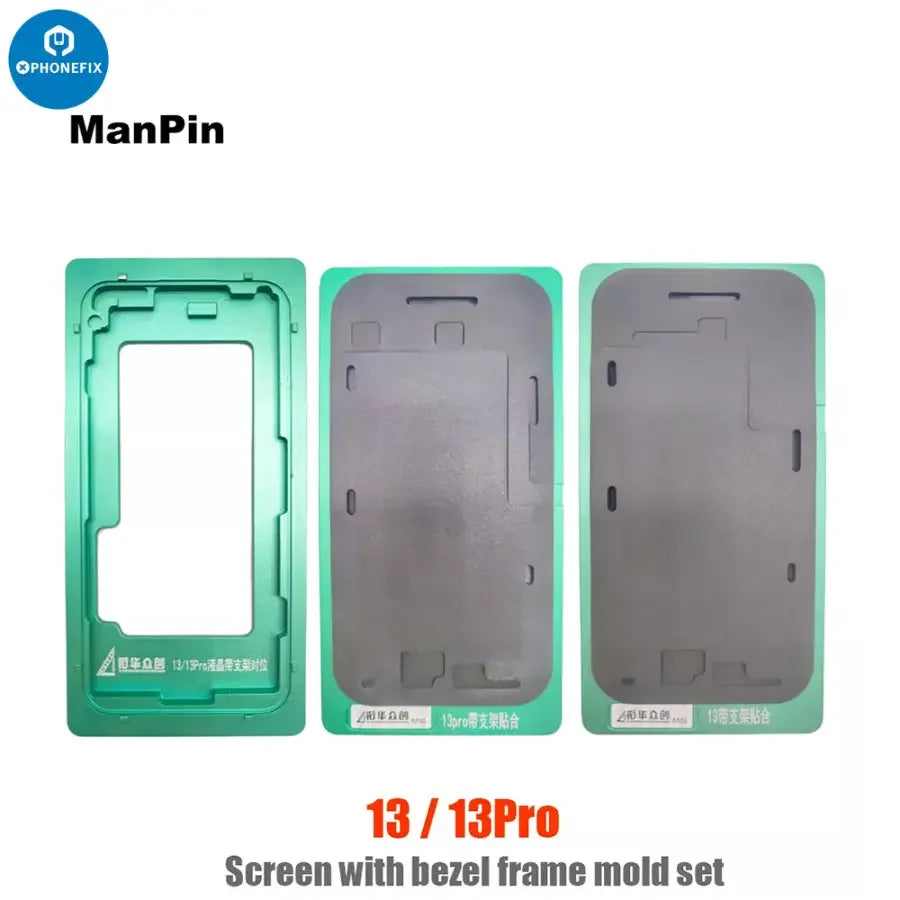 Alignment mold with bezel frame for iPhone 12-16 Pro Max screen repair, by PHONEFIX, used for precise screen installation.