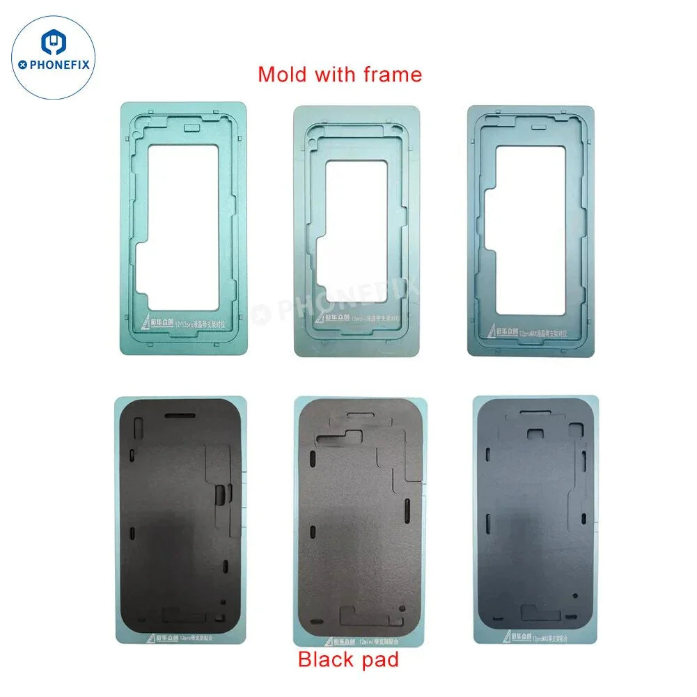 PhoneFix alignment mold with bezel frame for iPhone 11 to 16 Pro Max screen repair tools, showing precise fitting components.