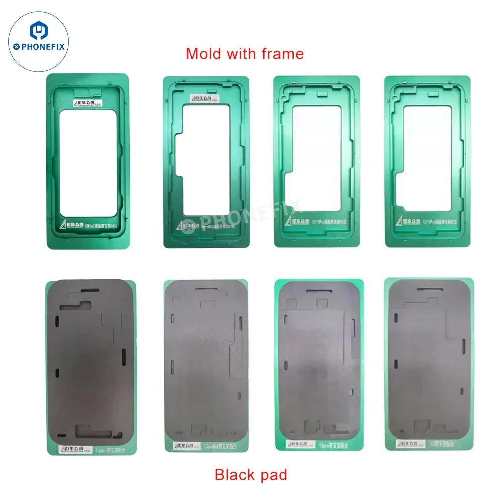 PHONEFIX alignment mold with bezel frame for iPhone 11 to 16 Pro Max screen repair tools, showing the precise plastic frame and alignment features.