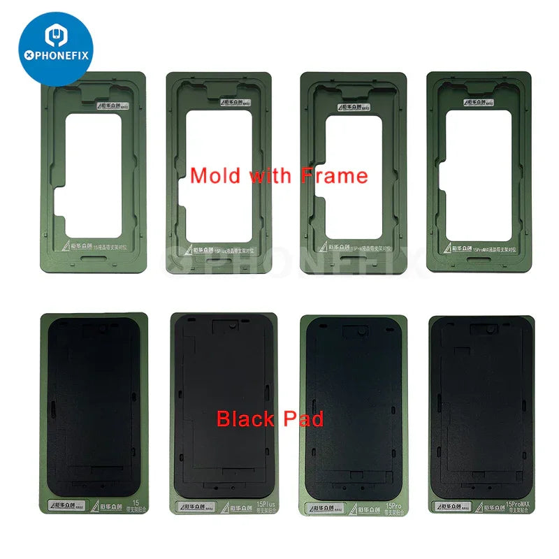 PHONEFIX alignment mold with bezel frame for iPhone 11 to 16 Pro Max screen repair tools, showing precise fitting components.