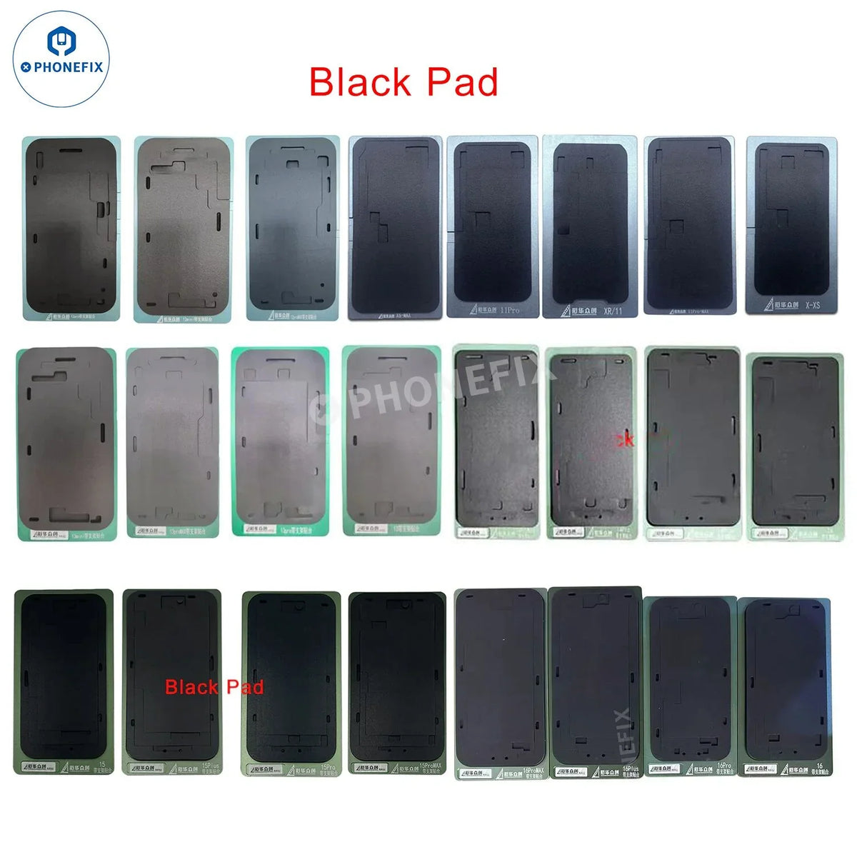 Black alignment mold with bezel frame for iPhone 11 to 16 Pro Max screen repair, used as a tool for precise screen alignment.