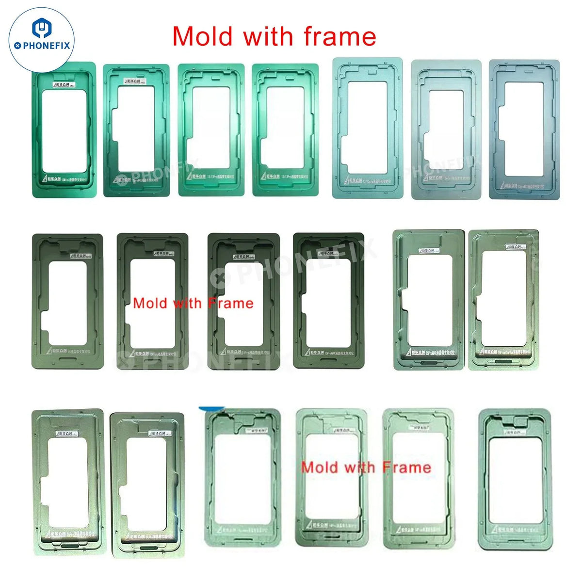 Alignment mold with bezel frame for iPhone 11 to 16 Pro Max screen repair, by PHONEFIX, used for precise screen alignment.