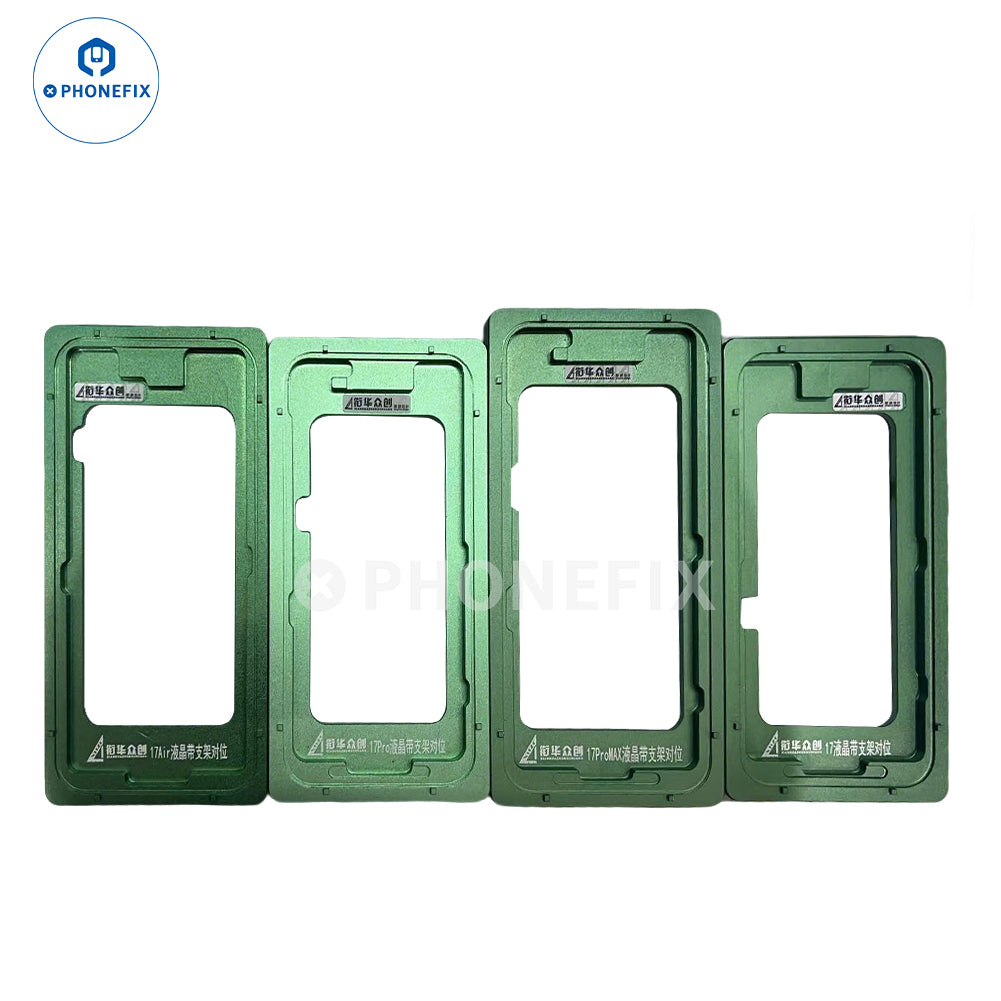 PHONEFIX alignment mold with bezel frame for iPhone 11 to 16 Pro Max screen repair tools, shown with bracket in the image.