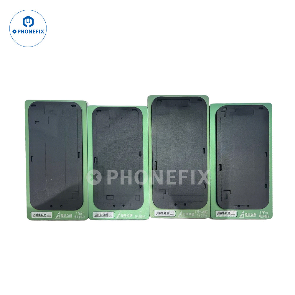 Black alignment mold with bezel frame for iPhone 11 to 16 Pro Max screen repair, used for precise screen alignment.