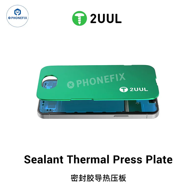 PHONEFIX 2UUL Sealant Thermal Press Plate for iPhone 12-16 Pro Max screen repair, showing the thermal press plate and tools.