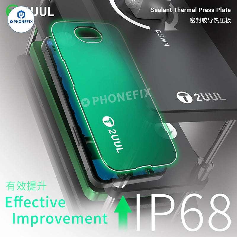 PHONEFIX 2UUL Sealant Thermal Press Plate for iPhone 12-16 Pro Max screen repair, used in professional phone repair tools.
