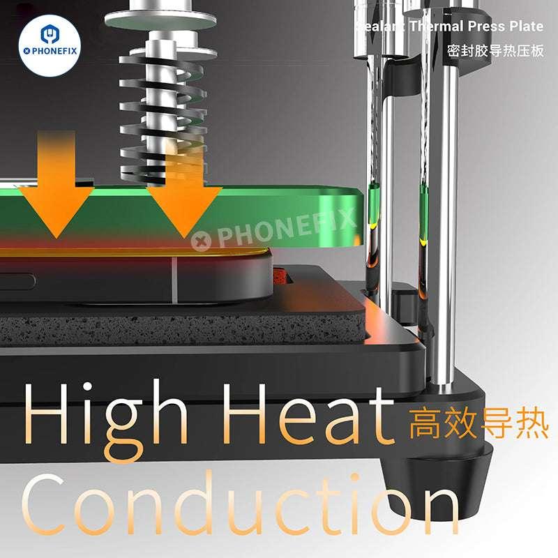 2UUL Sealant Thermal Press Plate for iPhone 12-16 Pro Max screen repair, part of PHONEFIX screen repair tools, with three plates shown.