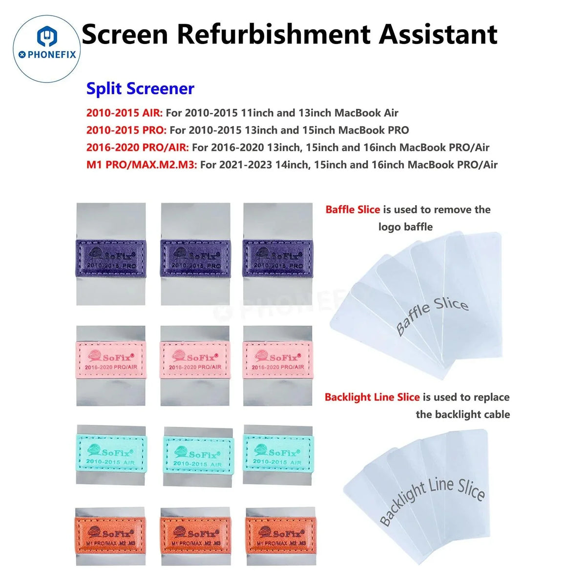 PhoneFix SoFix S-F401 screen removal tool for MacBook LCD repair, lightweight plastic tool for screen replacement and refurbishment.