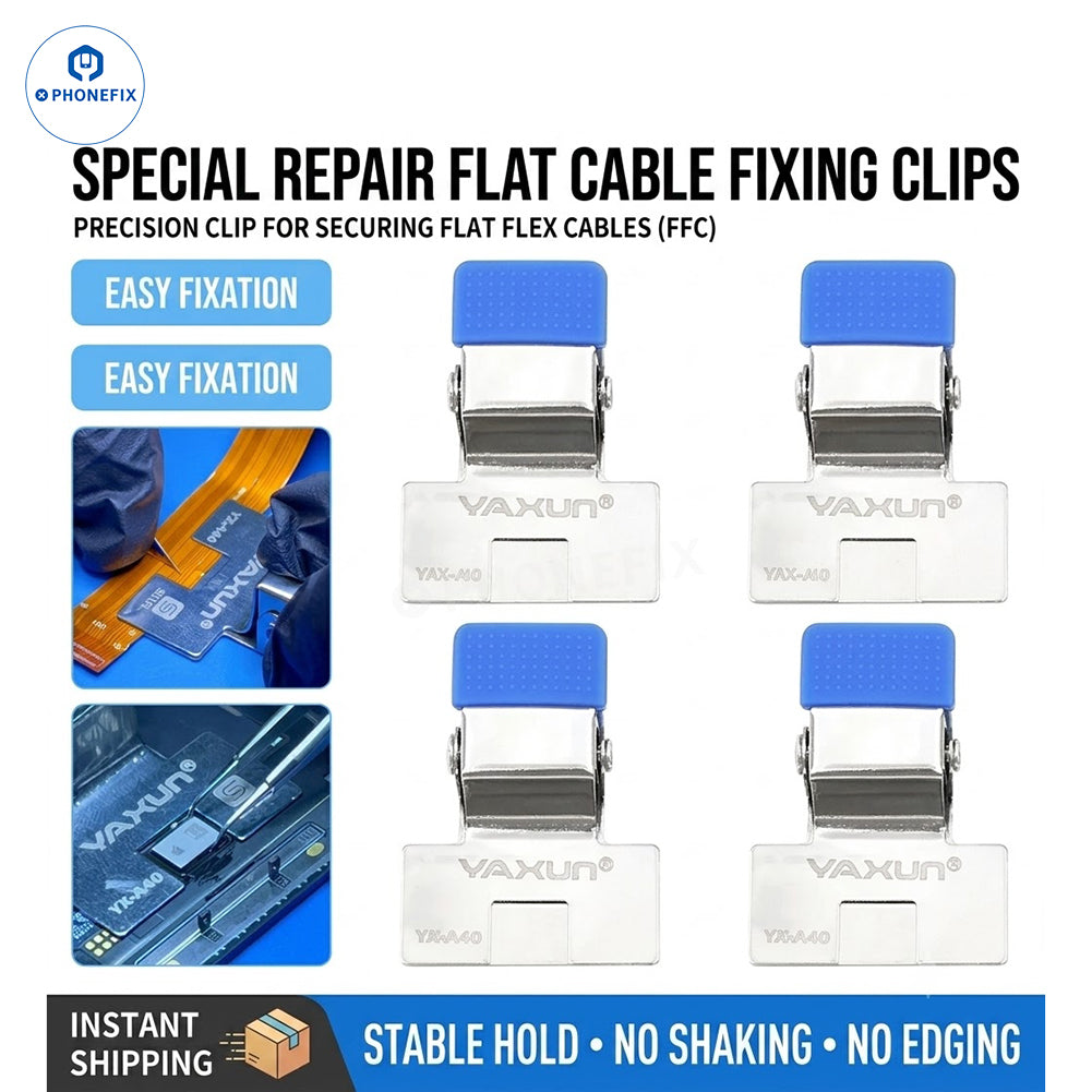 YAXUN Phone screen repair clamp for IC FPC cable soldering, part of PHONEFIX screen repair tools set, shown in use.