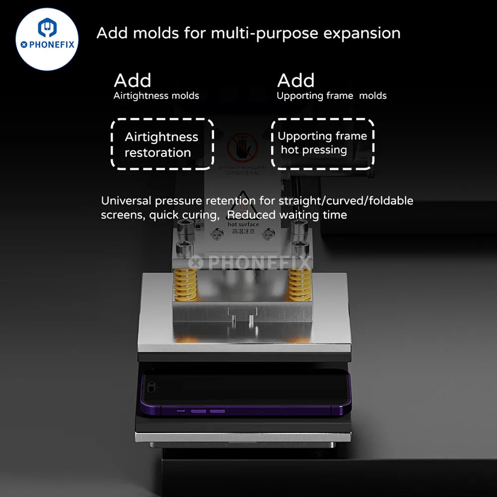 PhoneFix iFixes iJ2 multi-purpose dual preheating and holding pressure machine for screen repair tools, shown with controls and heating plates.
