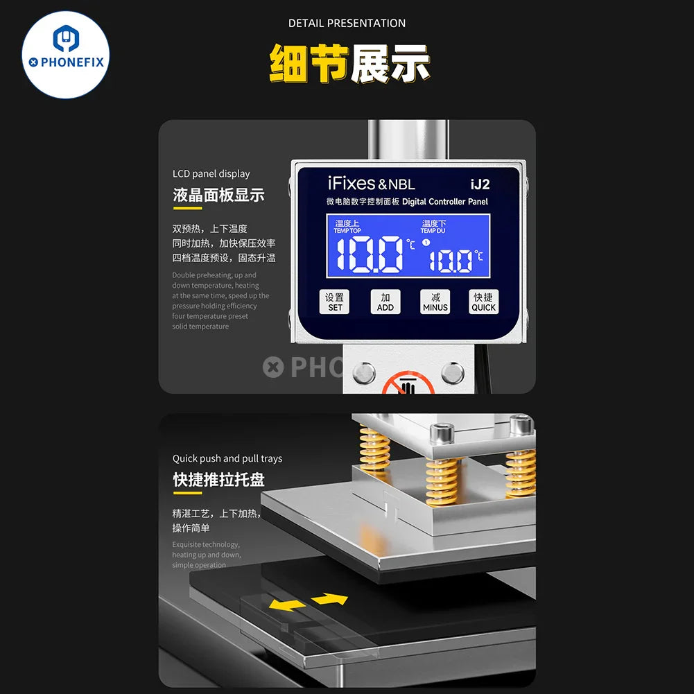 PhoneFix iFixes iJ2 dual preheating holding pressure machine for screen repair tools, showing the device with control panel and heating plates.