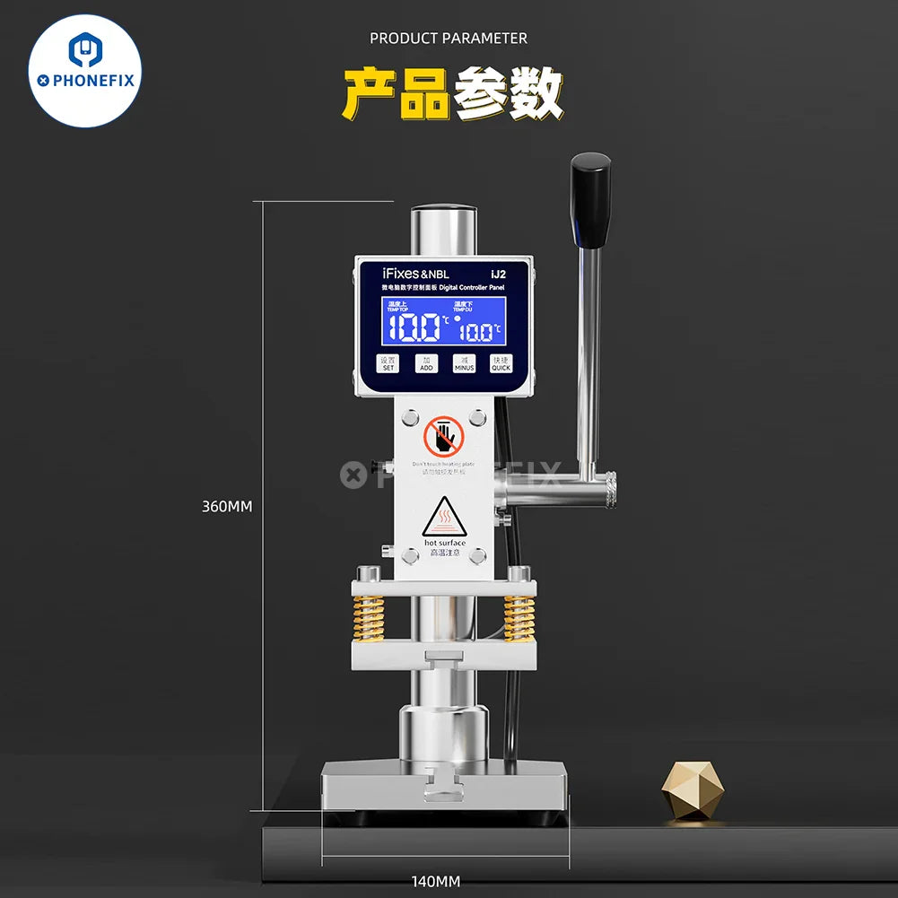 PhoneFix iFixes iJ2 multi-purpose dual preheating holding pressure machine for screen repair tools in use.