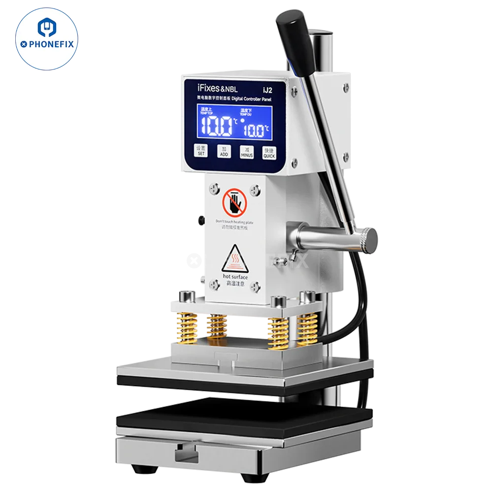PhoneFix iFixes iJ2 multi-purpose dual preheating holding pressure machine for screen repair tools, shown with parts and controls.