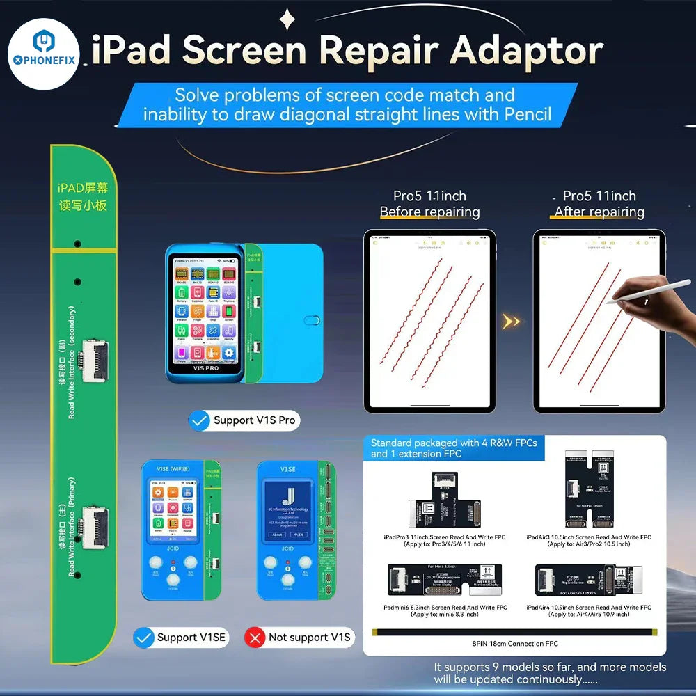 PHONEFIX JCID iPad screen repair adaptor for fixing code match and straight line issues, used as a screen repair tool.
