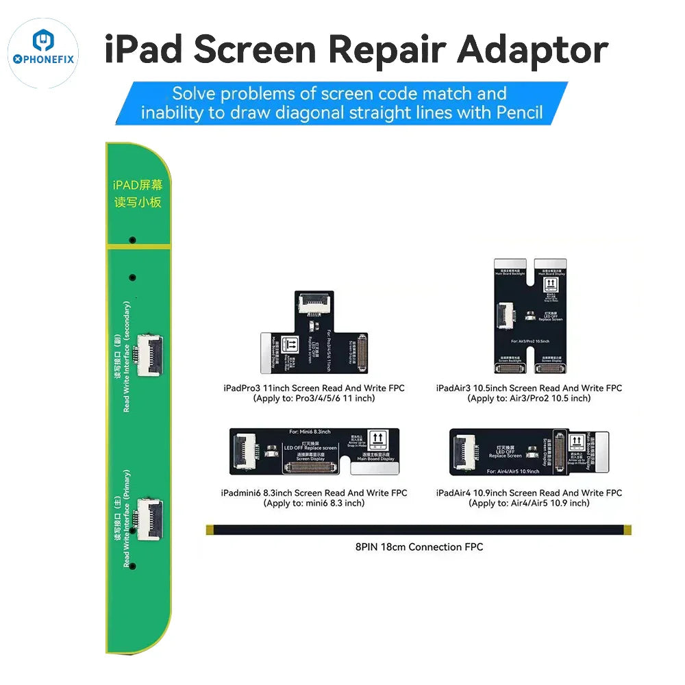 PHONEFIX JCID iPad screen repair adaptor for iPad 2, designed to fix code match and straight lines issues during screen replacement.