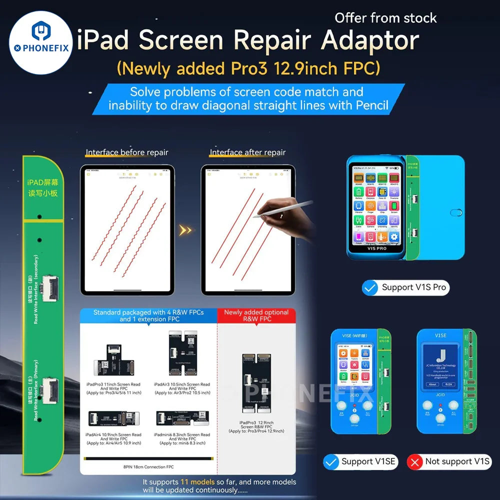 PHONEFIX iPad screen repair adaptor for fixing code match and straight line issues, used with screen repair tools.