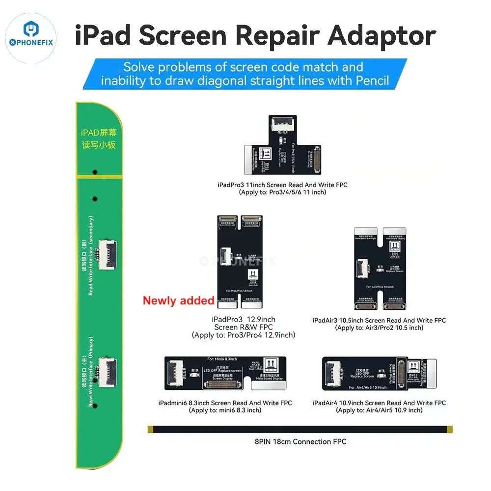 PHONEFIX JCID iPad screen repair adaptor for fixing code match and straight lines issues, used with screen repair tools.