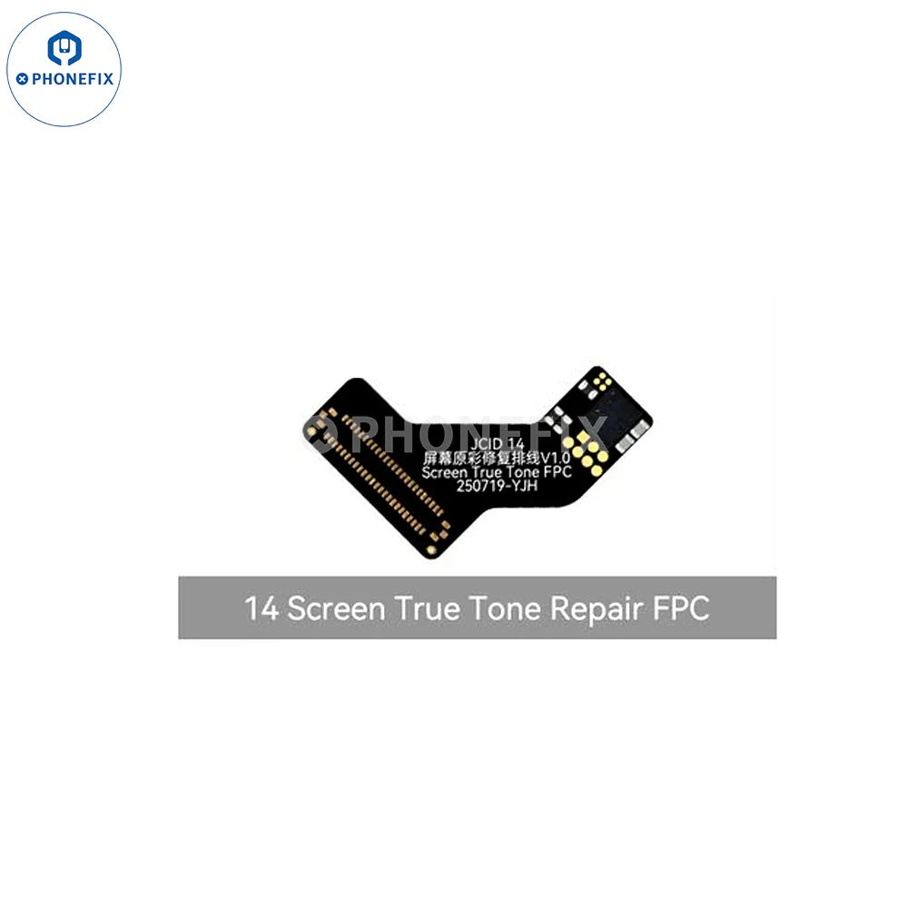 PhoneFix JCID iPhone 12-16 Pro Max screen true tone repair FPC cable with tools, showing the flexible cable and connectors for screen repair.