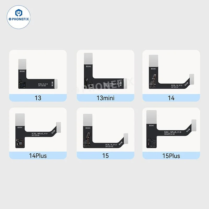 PhoneFix JC S35C S36P universal iPhone 13-16 Pro Max screen repair tool for PCB detection, shown with screen and tool components.