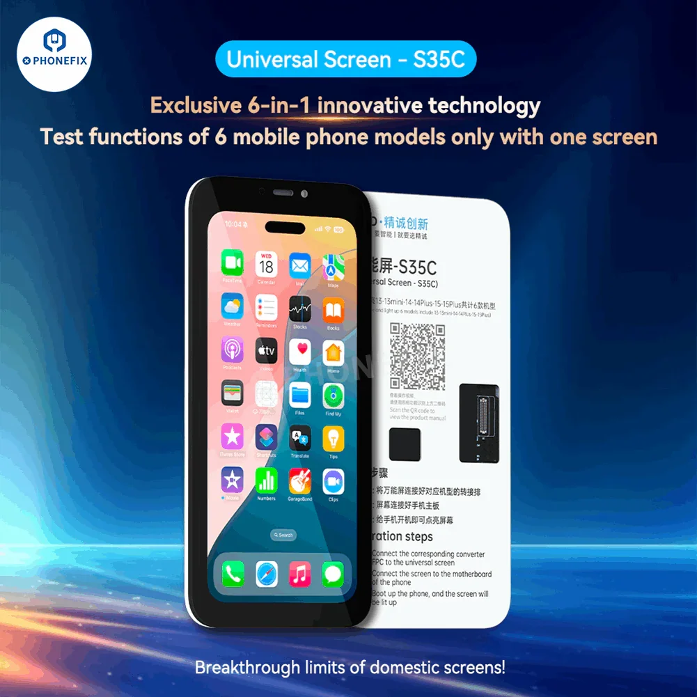 PHONEFIX JC S35C S36P universal iPhone 13-16 Pro Max screen repair tool for PCB detection, with repair screens and tools.
