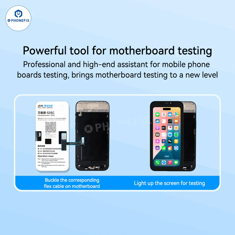 PHONEFIX JC S35C S36P universal screen repair tool for iPhone 13-16 Pro Max, used for PCB detection during screen repairs.