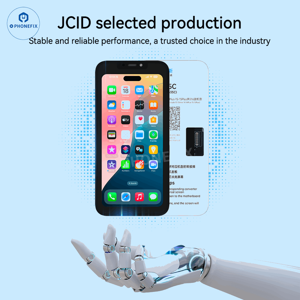 PHONEFIX JC S35C S36P universal screen repair tools for iPhone 13-16 Pro Max, PCB detection, and screen replacement accessories.