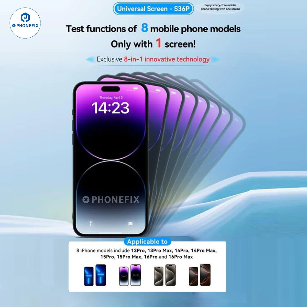 PHONEFIX JC S35C S36P universal iPhone 13-16 Pro Max screen repair tool with PCB detection, shown in the image.